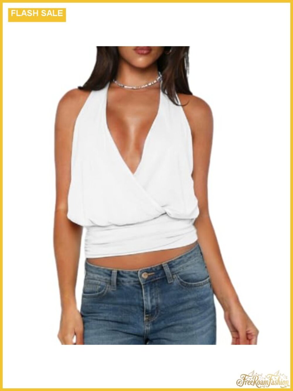 Women Backless Halter Crop Top Wrap V-Neck Sleeveless Polyester Going Out Tank
